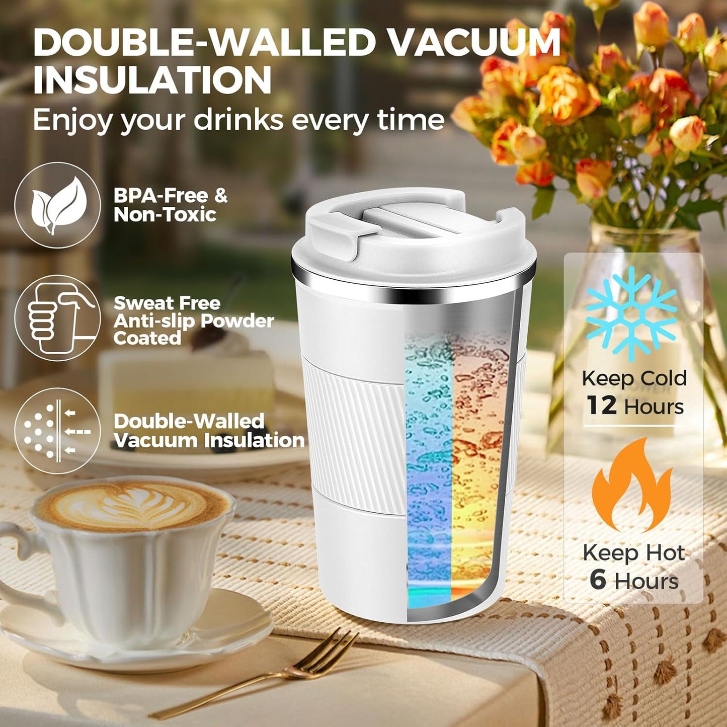 Volhoply 13 oz Stainless Steel Insulated Travel Coffee Mug with Fip Lid Bulk 2 Pack,Reusable Double Wall Vacuum Metal Coffee Cup,Portable Leak Proof Thermal Tumbler for Hot & Cold Drinks(White,2)