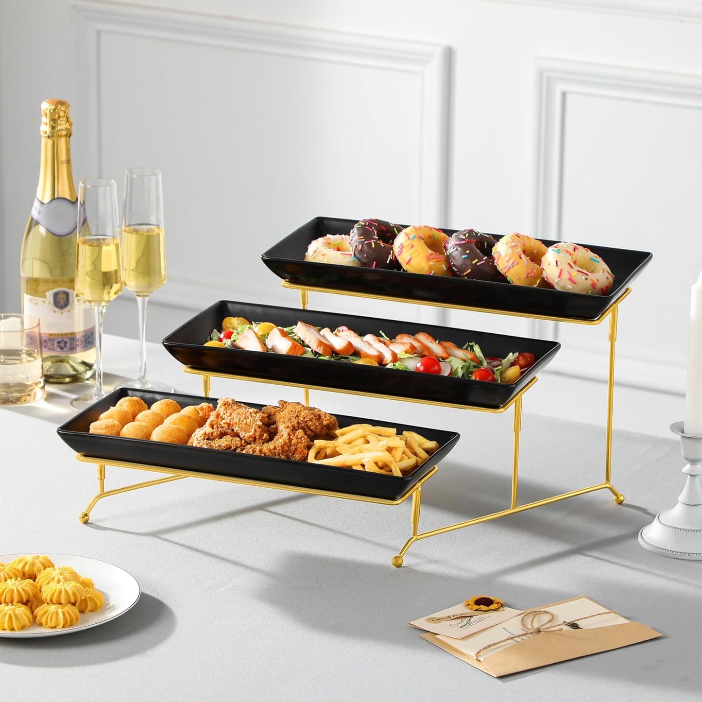MALACASA 3 Tier Serving Trays for Party, 14 Inch Porcelain Black Trays for Serving Food, Dessert Stand with Collapsible Gold Metal Rack