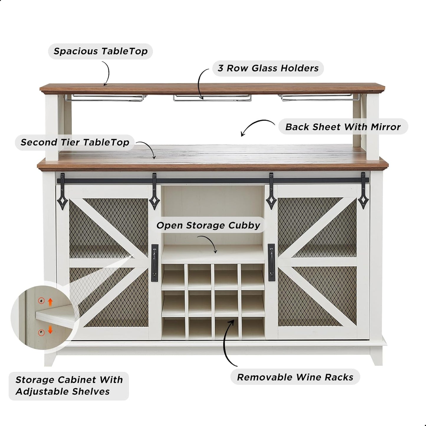 OKD Farmhouse Coffee Bar Cabinet with LED Lights, 55" Wine Bar Cabinet w/Sliding Barn Door & Wine and Glass Rack, Kitchen Buffet Cabinet w/Storage Shelves for Dining Room,Antique White