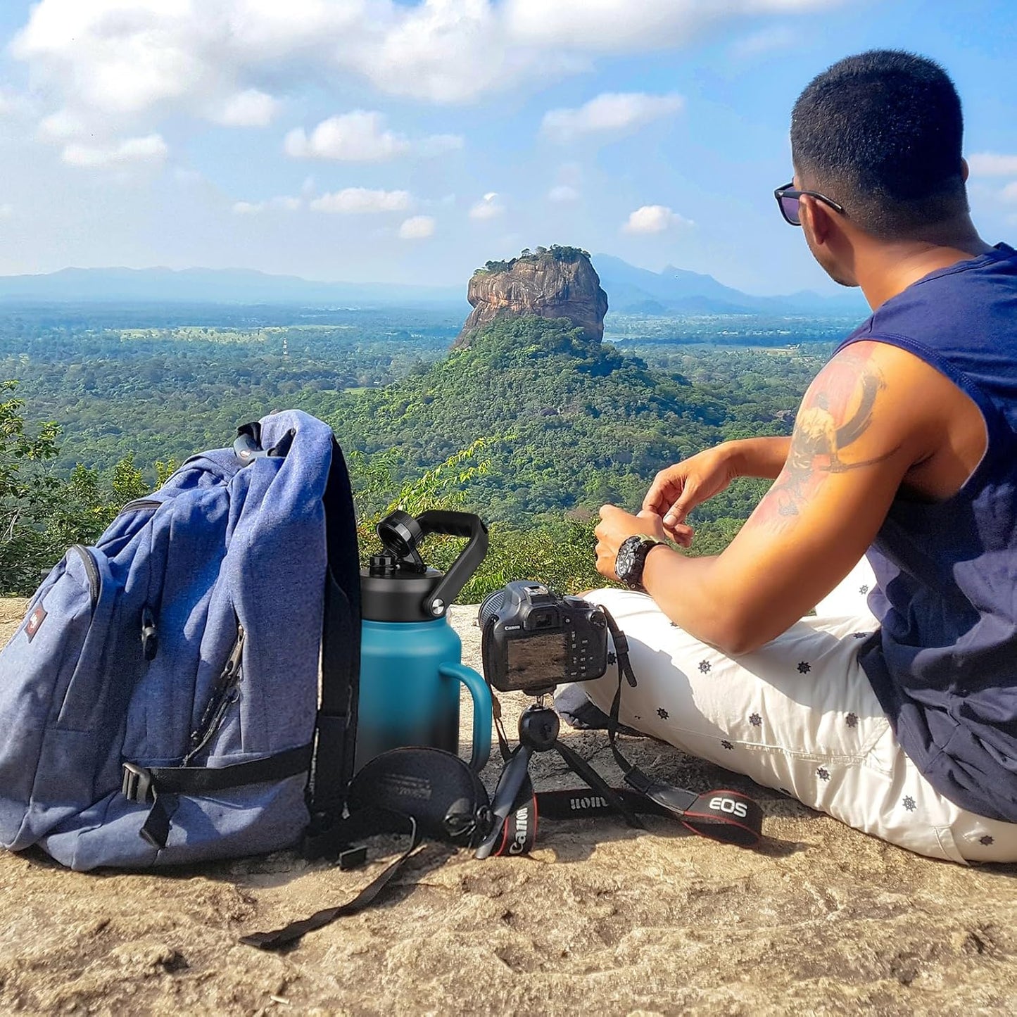 BJPKPK 64oz Insulated Water Bottle with Handle, Large Dishwasher Safe Half Gallon Water Bottle, BPA Free Water Jug, Wide Mouth Metal Water Bottle with Anti-slip Bottom, Keep Cold & Hot, Blue & Black