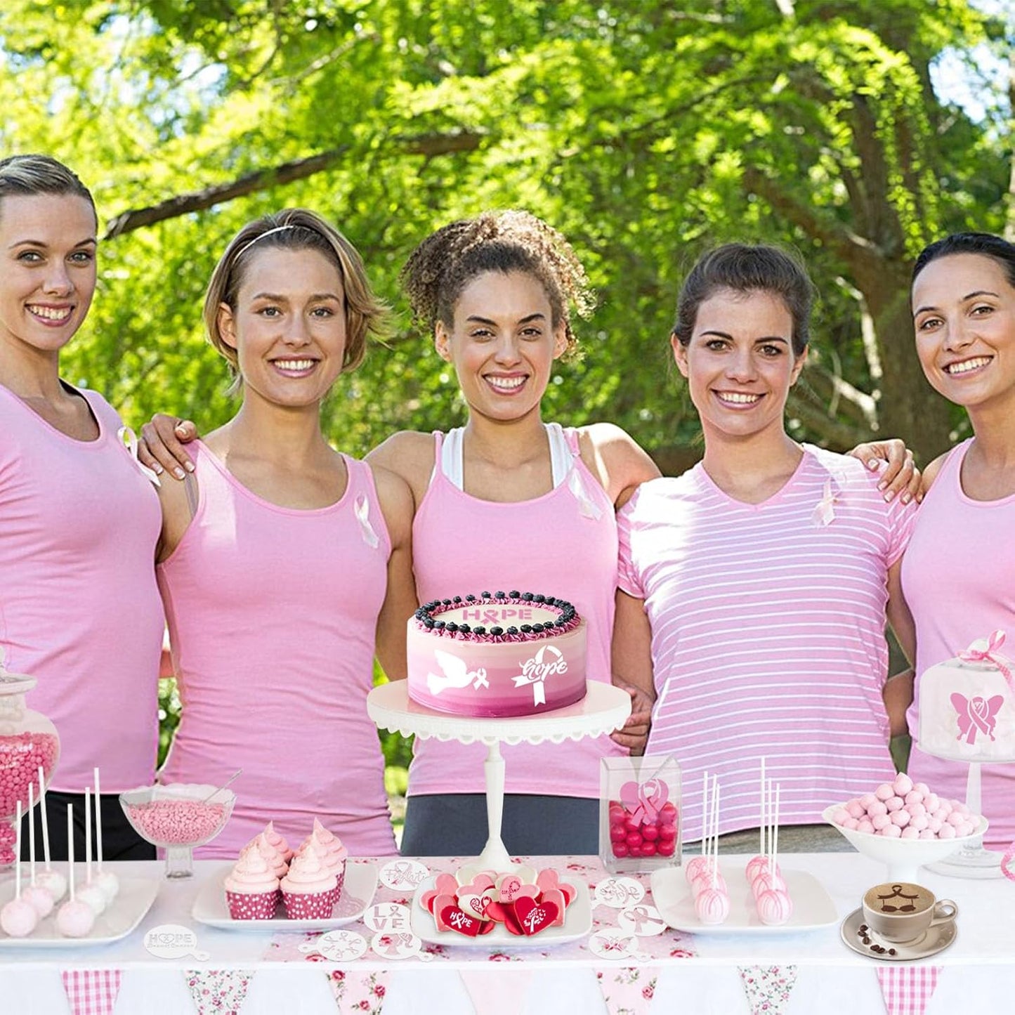 JULBEAR Breast Cancer Awareness Cookie Stencils, 36pcs Pink Ribbon Reusable Coffee Decoration Stencils Templates Tools for Cookies Baking Painting Dessert Decoration DIY Breast Cancer Awareness Party