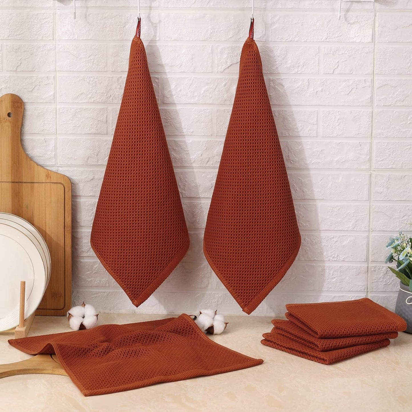 Kitinjoy 100% Cotton Kitchen Dish Cloths, 8 Pack Waffle Weave Ultra Soft Absorbent Dish Towels for Drying Dishes Quick Drying Kitchen Towels Dish Rags, 12 X 12 Inches, Rust