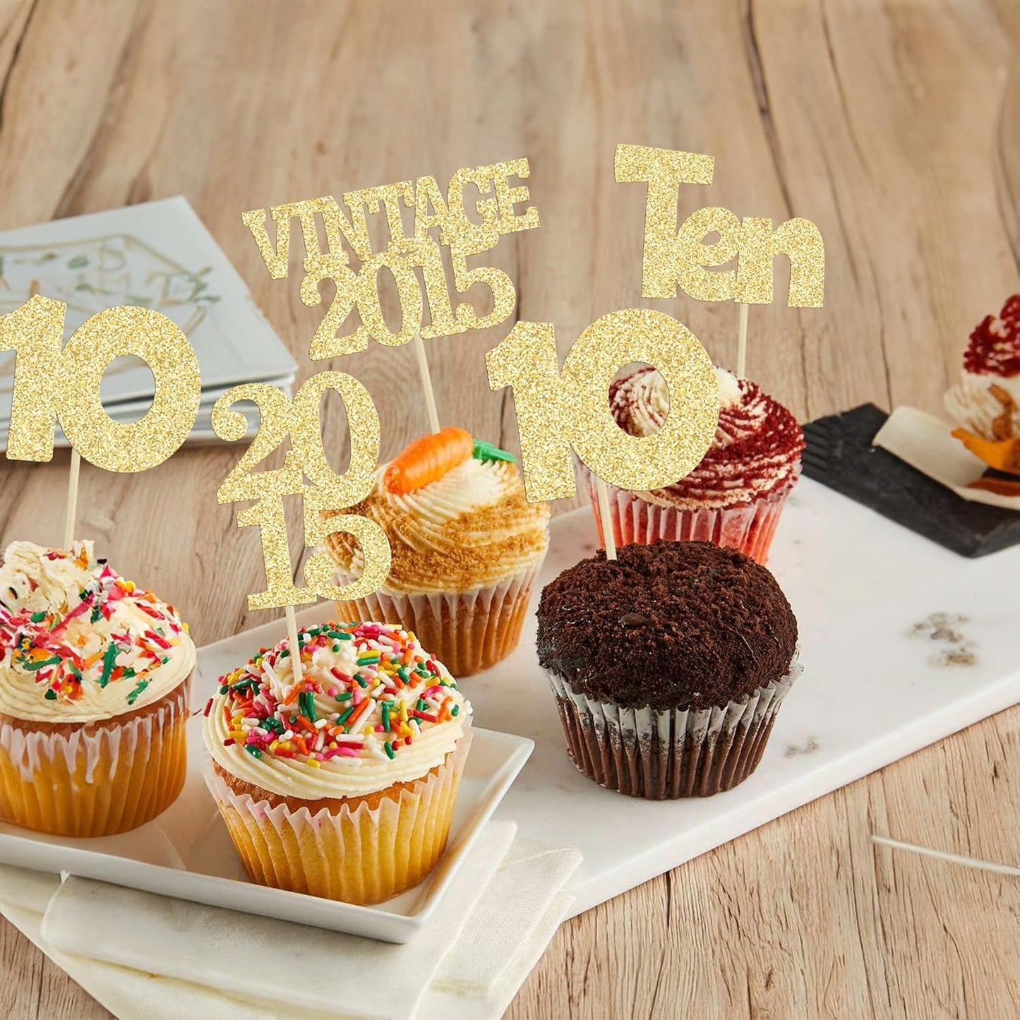 Gyufise 24Pcs Double Digits 10 Cupcake Toppers Glitter Ten Vintage 2015 10th Birthday Cupcake Picks Hello 10 Years Birthday Cake Decorations for Happy 10th Birthday Anniversary Party Supplies Gold