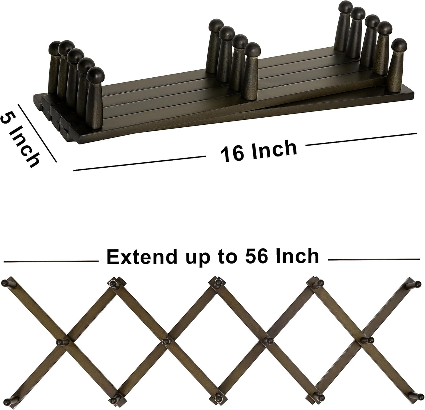 Dseap Accordion Wall Hanger:16'' High Wooden Expandable Coat Rack, Hat Rack for Wall,Accordion Hook for Baseball Caps,Coats,14 Peg Hooks,Dark Walnut