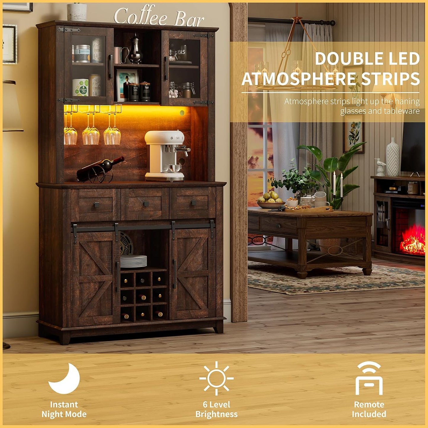 72" Coffee Bar Wine Cabinet with Sliding Barn Door & LED Lights, Sideboard Buffet Cabinet with Wine Bottle Rack, 3 Drawers, Storage Cabinets for Kitchen, Dining Room, Brown