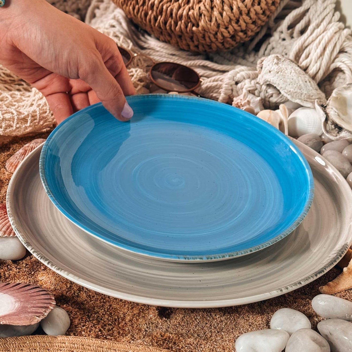 Mora Ceramic Helix Swirl Dinner Plates Set of 6, 10in Modern Spiral Porcelain Dish Dinnerware for Kitchen, Serving & Restaurants - Dishwasher, Microwave, Freezer, Oven Safe Dishware - Ocean Colors