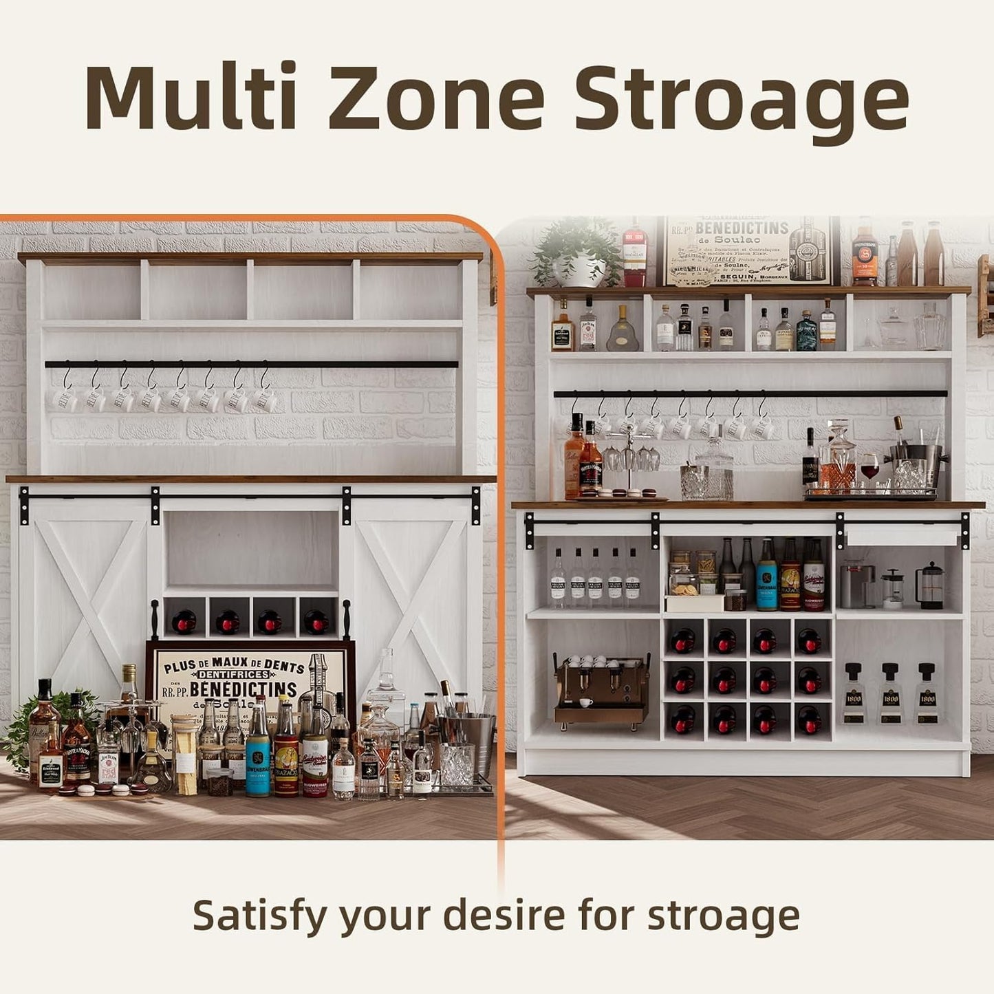 4ever2buy Farmhouse Coffee Bar Cabinet with 4 Storage Hutch, 55 Inch Wine Bar with 12 Wine Racks and 8 Hooks, Hutch Storage Cabinet with Sliding Barn Doors for Kitchen Dining Living Room, White