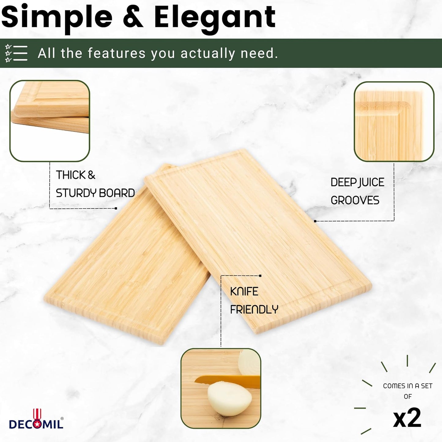 DECOMIL-Bamboo Wood Cutting Board Set of 2, Wood Serving Board, 15.25 x 8.25 Inch Chopping Boards for Charcuterie, Vegetables, Meat, for DIY projects