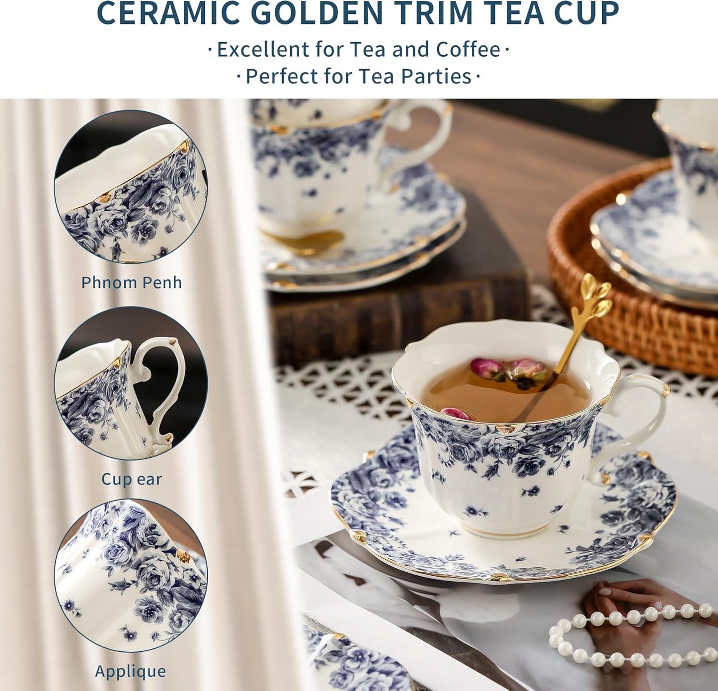 TATSUMI Country Roses Bone China Tea Cup and Saucer Set, 6 Pieces, Vintage Style, For Women and Tea Parties(sky blue,2 sets)