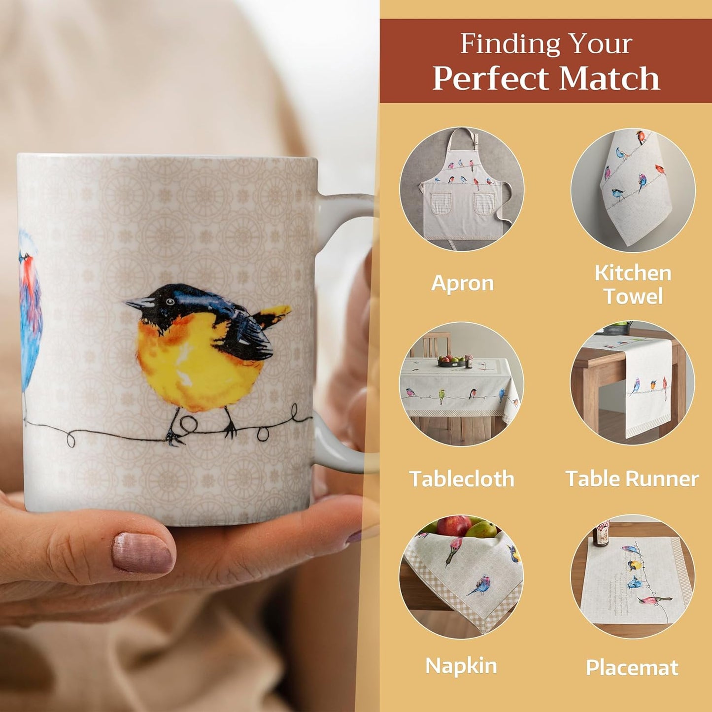 Maison d' Hermine Coffee Mug with Handles Fine Bone China Mugs Pack of One Tea Cups for Hot Beverages Cappuccino Latte Home Restaurant Office Perfect for Gift (Birdies On Wire - Nuthatch, 12 Ounce)