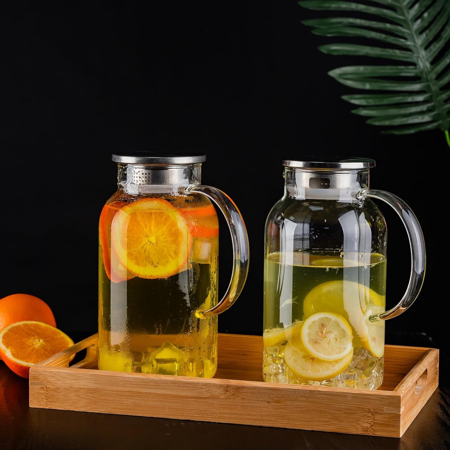 Round Glass Pitcher with Lid & Spout, 2 Pack 1.8L 60 Oz – Water Pitcher with Handle for Fridge, Brosilicate Glass Carafe Hot & Cold Drink, Large Jug for Icead Tea Coffe Juice, Jarra De Vidrio Con Tapa