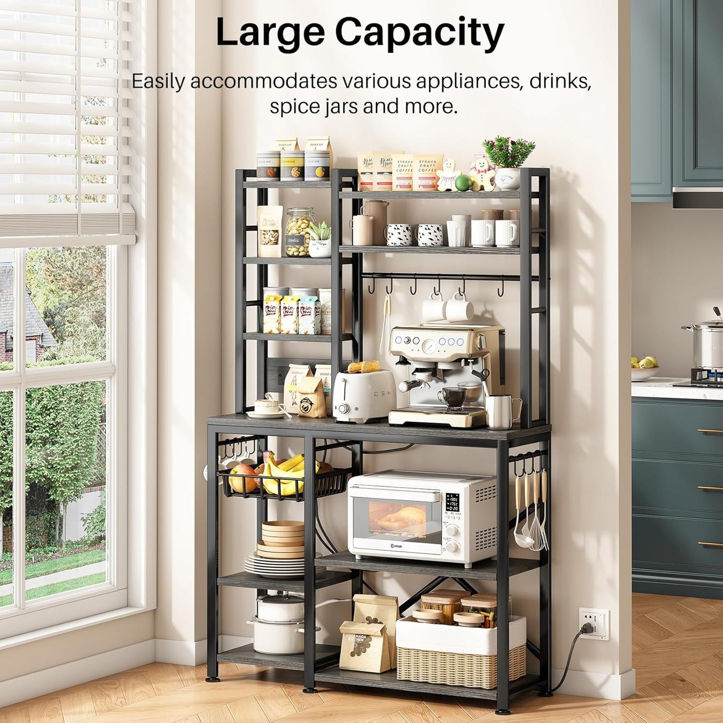 Baker Rack with Power Outlet - Microwave Stand with Storage, Large Coffee Bar Station with 14 Hooks, Metal Kitchen Shelf Rack for Spices, Pots (Rustic Grey)