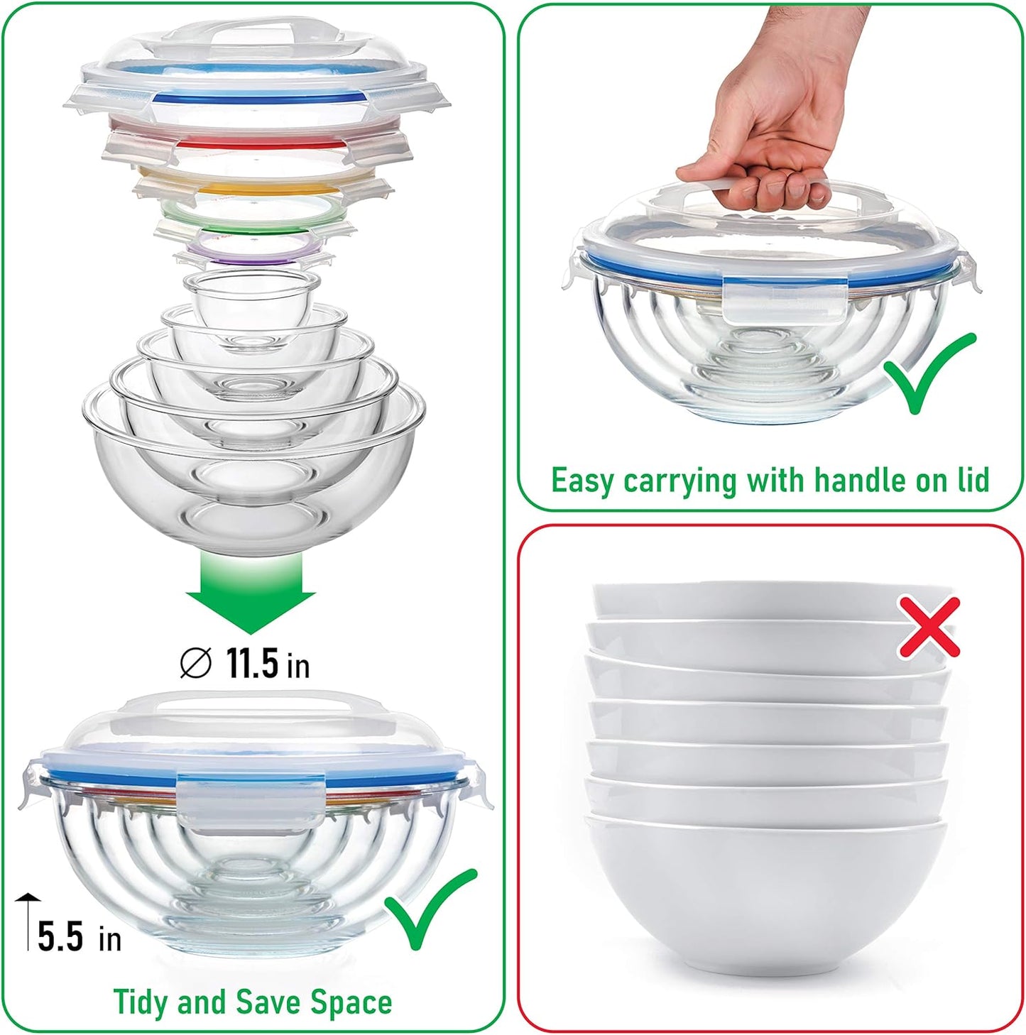 Set of 5 Stackable Space-Saving Nesting Glass Bowls with BPA Free Lids for Foodprep, Storage, Baking, Mixing & Cooking, Microwave Safe - Durable Inert Borosilicate Glass