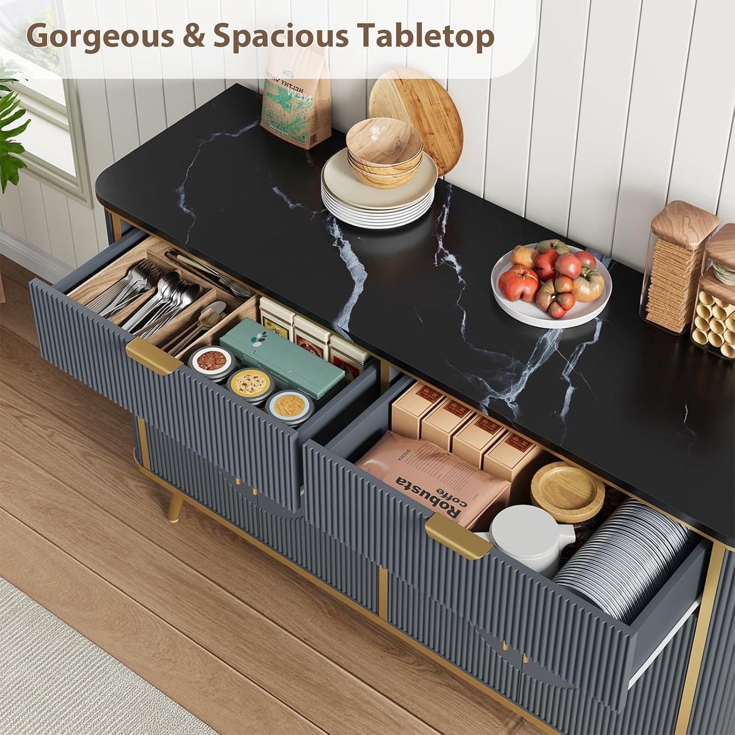 47.2" Buffet Storage Cabinet, Modern Fluted Coffee Bar Station with 2 Drawers & Adjustable Shelves, Kitchen Sideboard Buffet for Dining Room, Living Room, Hallway, Navy Blue