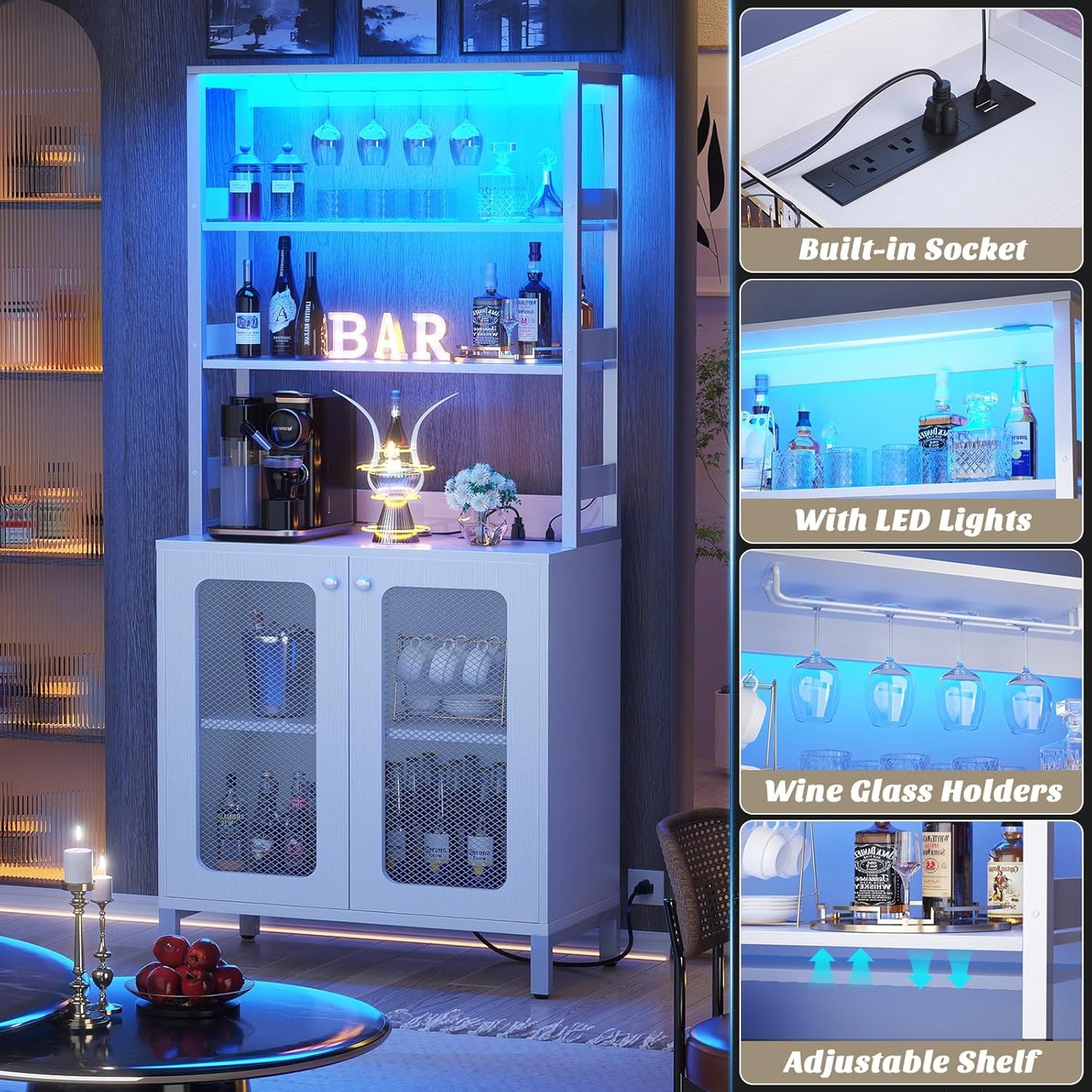 Aheaplus Bar Cabinet with Power Outlets, 67" Tall Wine Bar Cabinet Liquor Cabinet with LED Lights and Glass Holder, Coffee Bar Station for Living Room, Microwave Stand Bakers Rack Cabinet, White