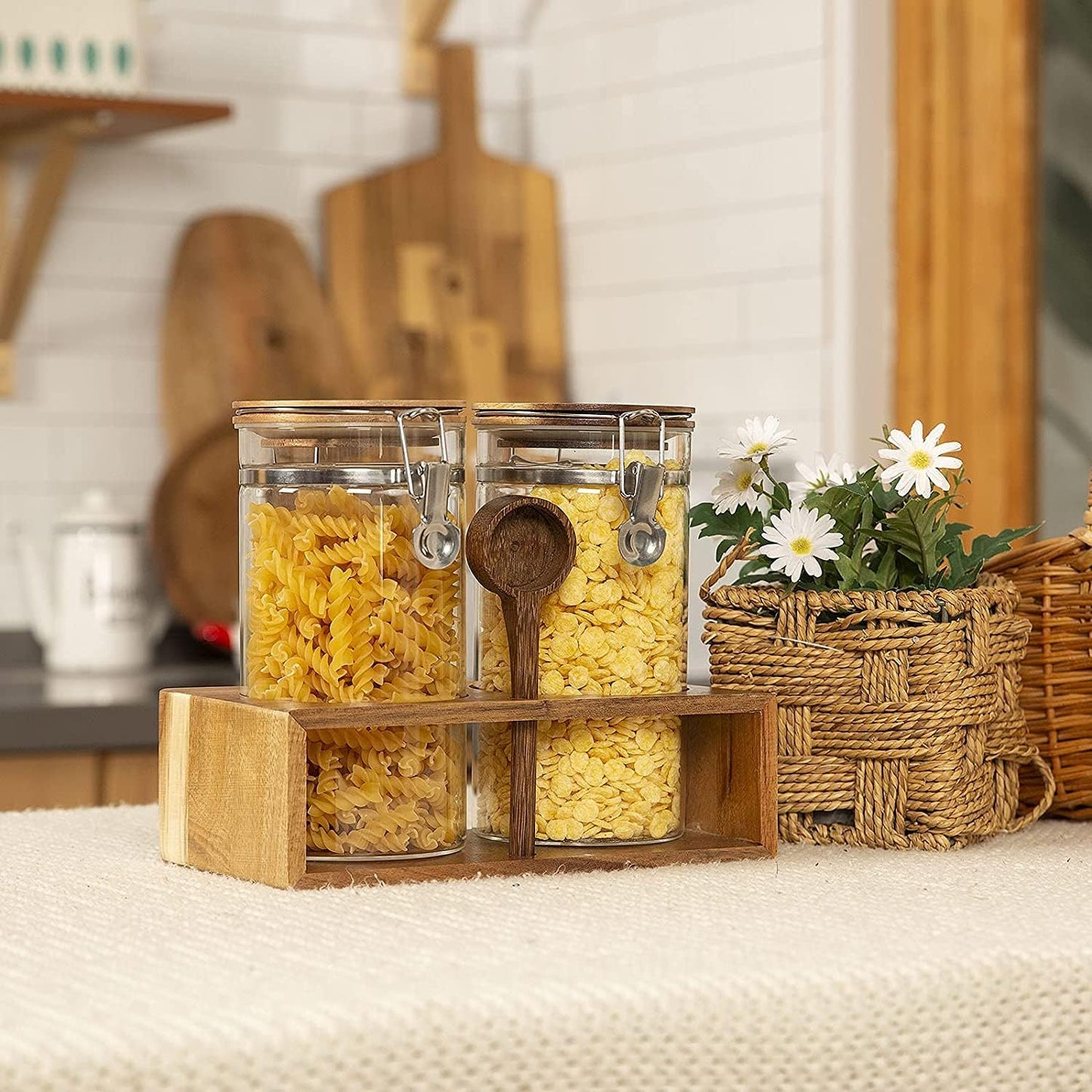 Yangbaga Glass Coffee Container with Wooden Shelf,2×45OZ Coffee and Sugar Container Set,Coffee Canisters with Airtight Lids and Scoop,Large Capacity Food Storage Jars for Coffee Beans,Nuts,Tea,Sugar