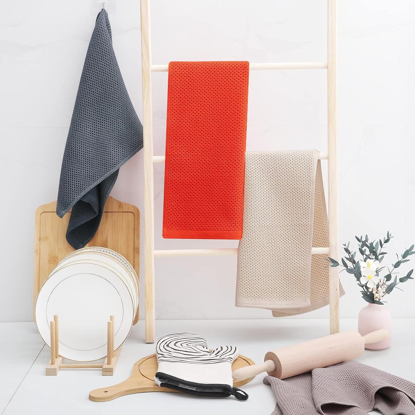 Homaxy 100% Cotton Waffle Weave Kitchen Dish Towels, Ultra Soft Absorbent Quick Drying Cleaning Towel, 13 x 28 Inches, 8-Pack, Beige