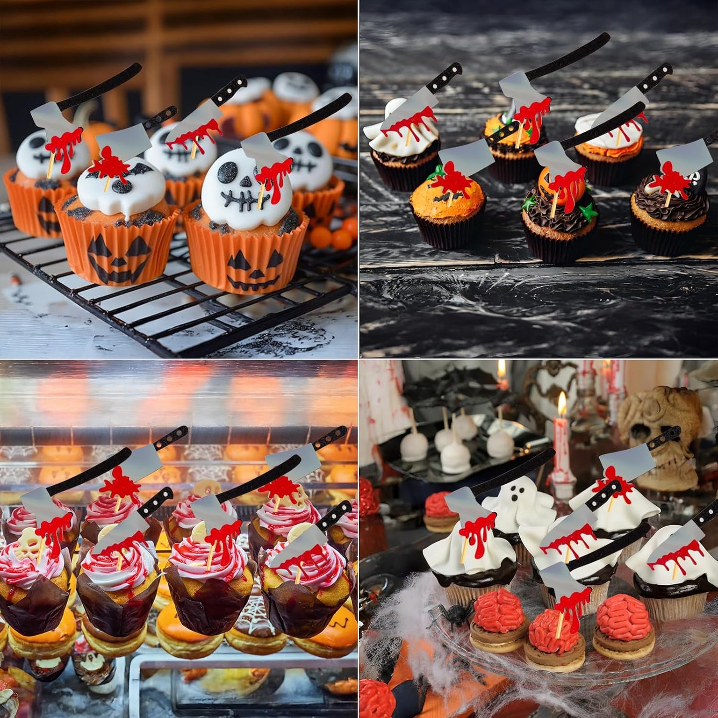 60Pcs Halloween Cupcake Toppers,Glitter Horror Blood Knife Cupcake Picks Have a Killer Birthday Party Supplies
