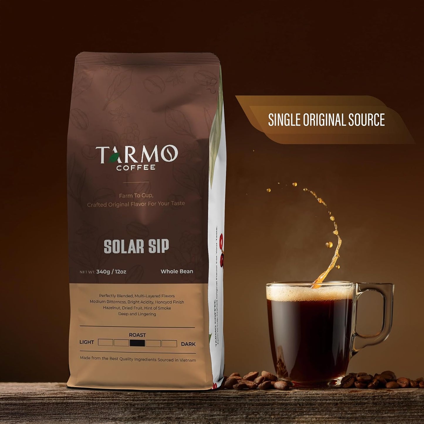 TARMO - SOLAR SIP | Low Acid 100% ARABICA Whole Bean Coffee | Specialty Vietnamese Coffee | Single Origin Dark Roast Coffee Beans | 12 Oz Bag