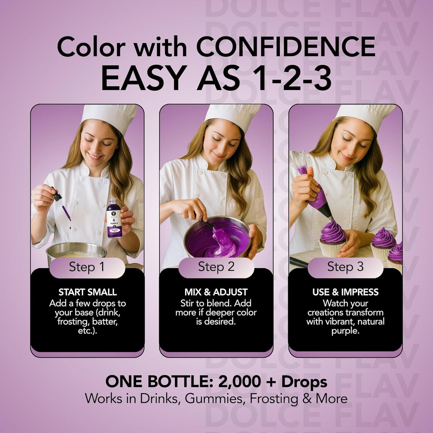 Dolce Flav Natural Purple Food Coloring β 2 oz Liquid Dye from Red Radish & Huito with Graduated Dropper | Water-Soluble | For Baking, Drinks & Frostings | Kosher | Made in USA