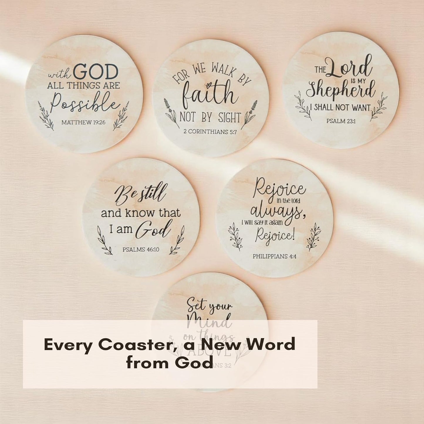 Absorbent Coaster Set of 6 with Holder, Drink Coasters for Coffee Table, Kitchen, Home Decor, Cute Ceramic Round Coasters, Alternative to Silicone, Cork or Glass Coaster (Blessed)