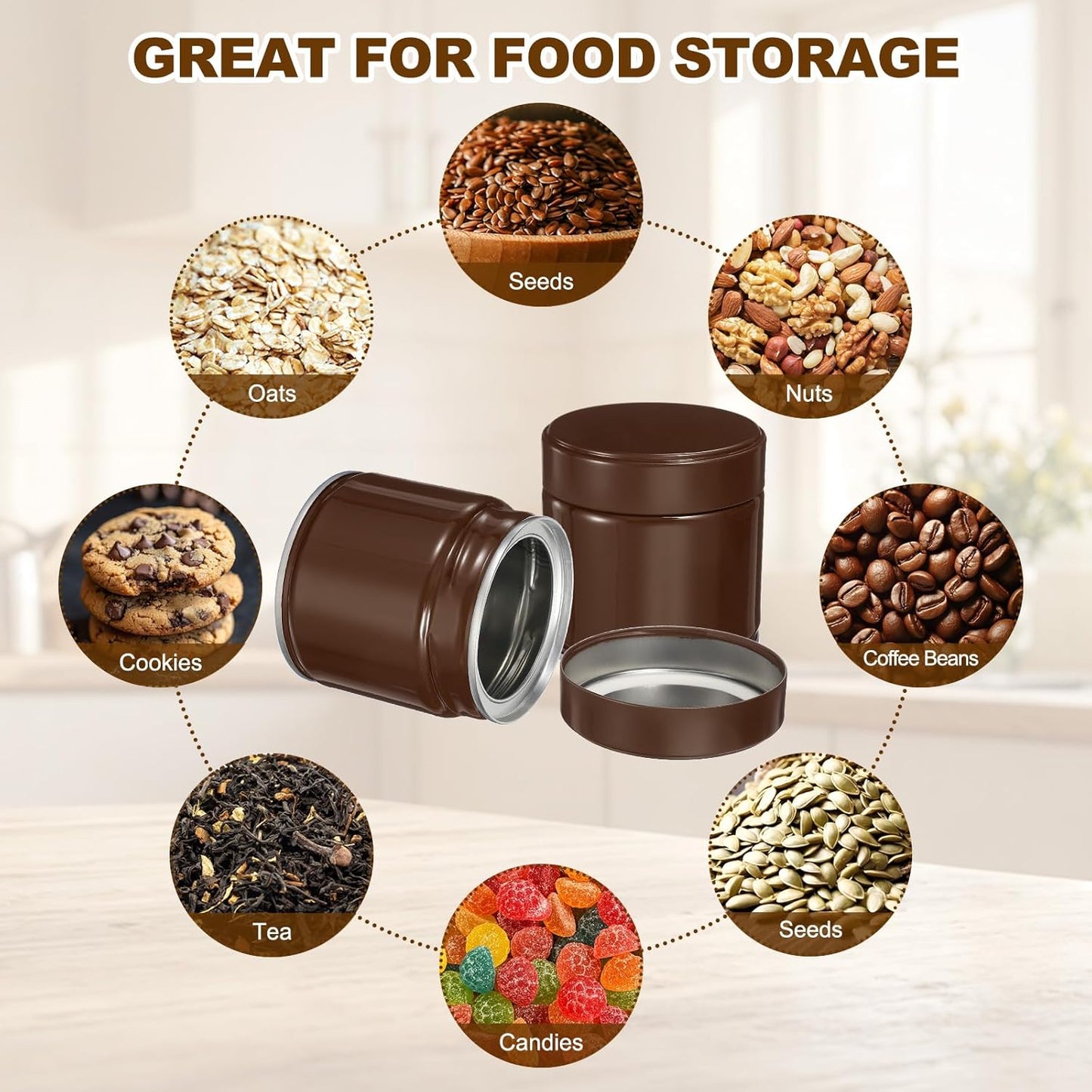 uxcell 2Pcs Round Tea Canisters, 3" x 3" Airtight Metal Tea Containers for Loose Tea, Coffee Beans, Spices - Durable, Compact, and Stylish Storage Tea Tin (Brown)