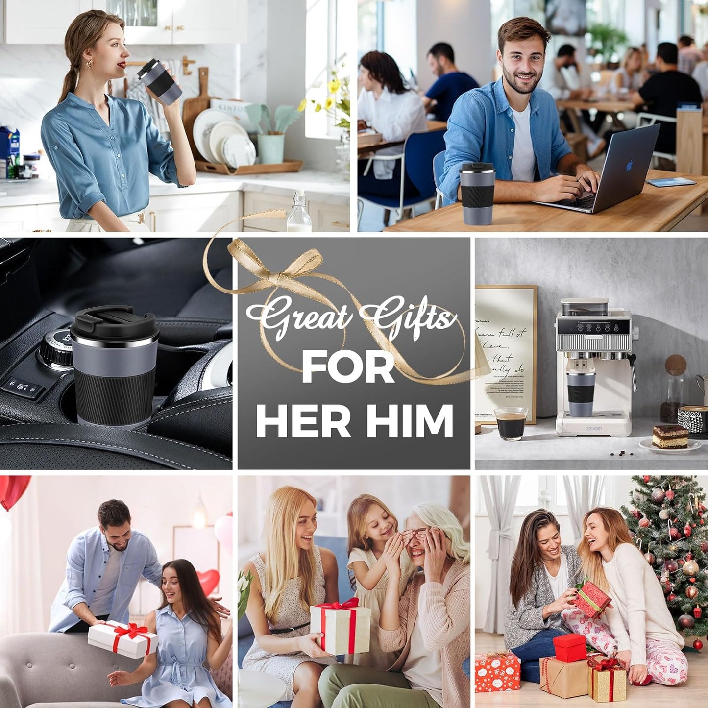 Volhoply 13 oz Stainless Steel Insulated Travel Coffee Mug with Fip Lid Bulk 8 Pack,Reusable Double Wall Vacuum Metal Coffee Cup,Portable Leak Proof Thermal Tumbler for Hot & Cold Drinks(Gray,8)