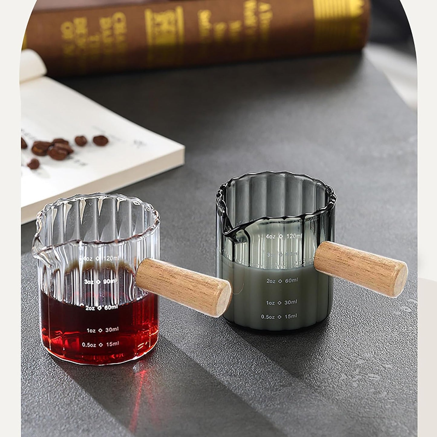 Espresso Cups Set of 2, 4 OZ Espresso Shot Glass with Handle V-Shaped Mouth, Ribbed Milk Frothing Pitcher, Glass Measuring Cup,Cappuccino Cup, Coffee Bar Accessories (Clear)