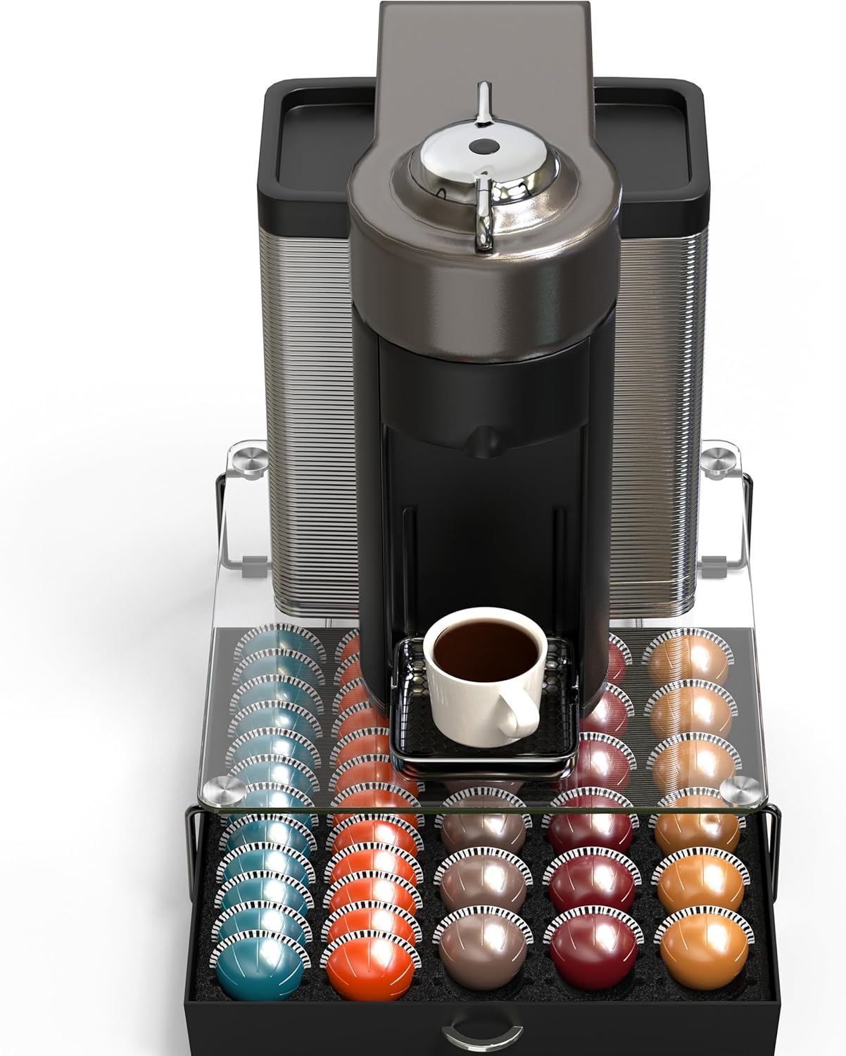 DecoBrothers Crystal Tempered Glass Vertuo Pod Holder Drawer, 30 Large or 60 Small Nespresso Capsule Organizer, Black