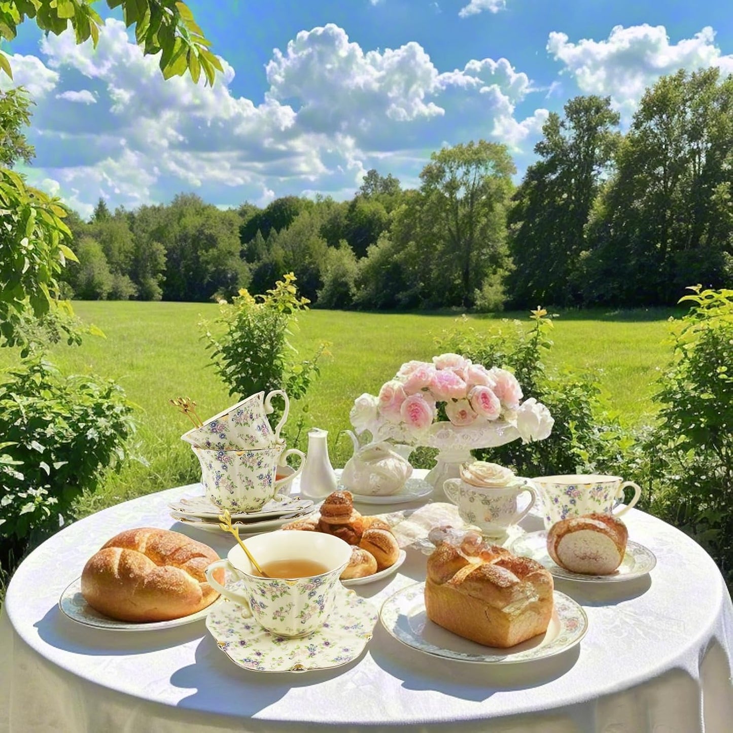 TATSUMI Country Roses Bone China Tea Cup and Saucer Set, 6 Pieces, Vintage Style, For Women and Tea Parties
