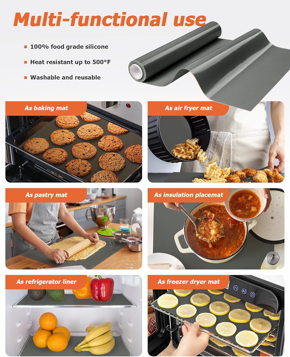 Silicone Baking Mat Roll - Best German Silicone - Non-slip Silicone Pastry Mat, Non-Stick Reusable Air Fryer Linner, Counter Mat, Oven Liner, Freeze Dryer Mat - 16IN x 8FT