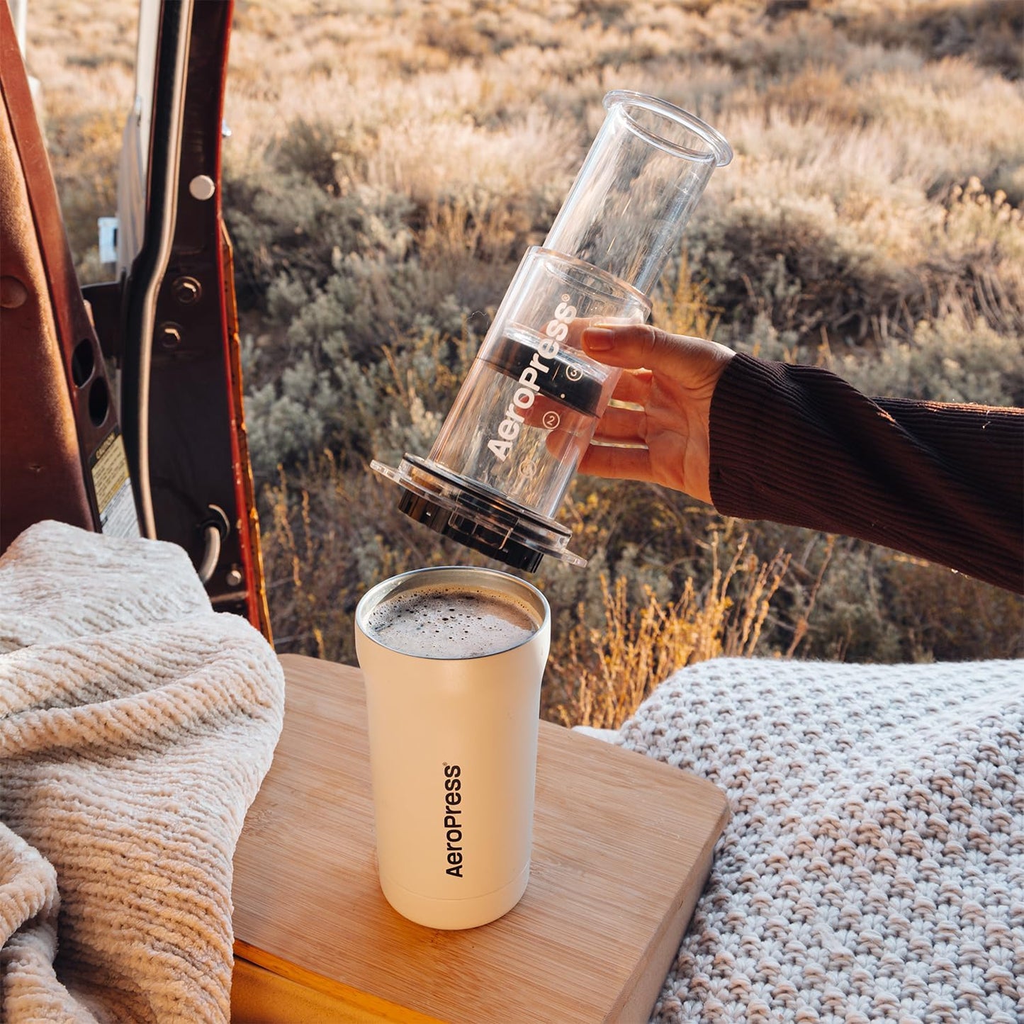 AeroPress Go Plus, Small Portable Coffee Maker for Travel & Camping - 3 In 1 Brew Method Combines French Press, Pourover, Espresso, Full Bodied Coffee without Bitterness, Coffee Press Kit - Cream