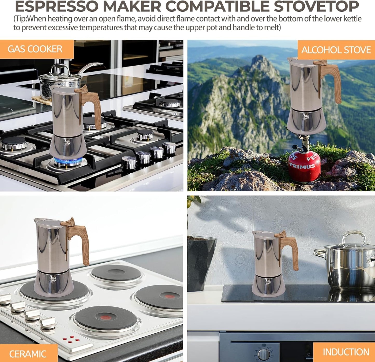 Uncoated 6 Cup Moka Pot 304 Thickened Stainless Steel Coffee Maker Stovetop Espresso Coffeemaker Italian Classic Style Brewing Greca Cafe Mocha Machine for Cafeteras Camping Travel Home 300ml 10oz