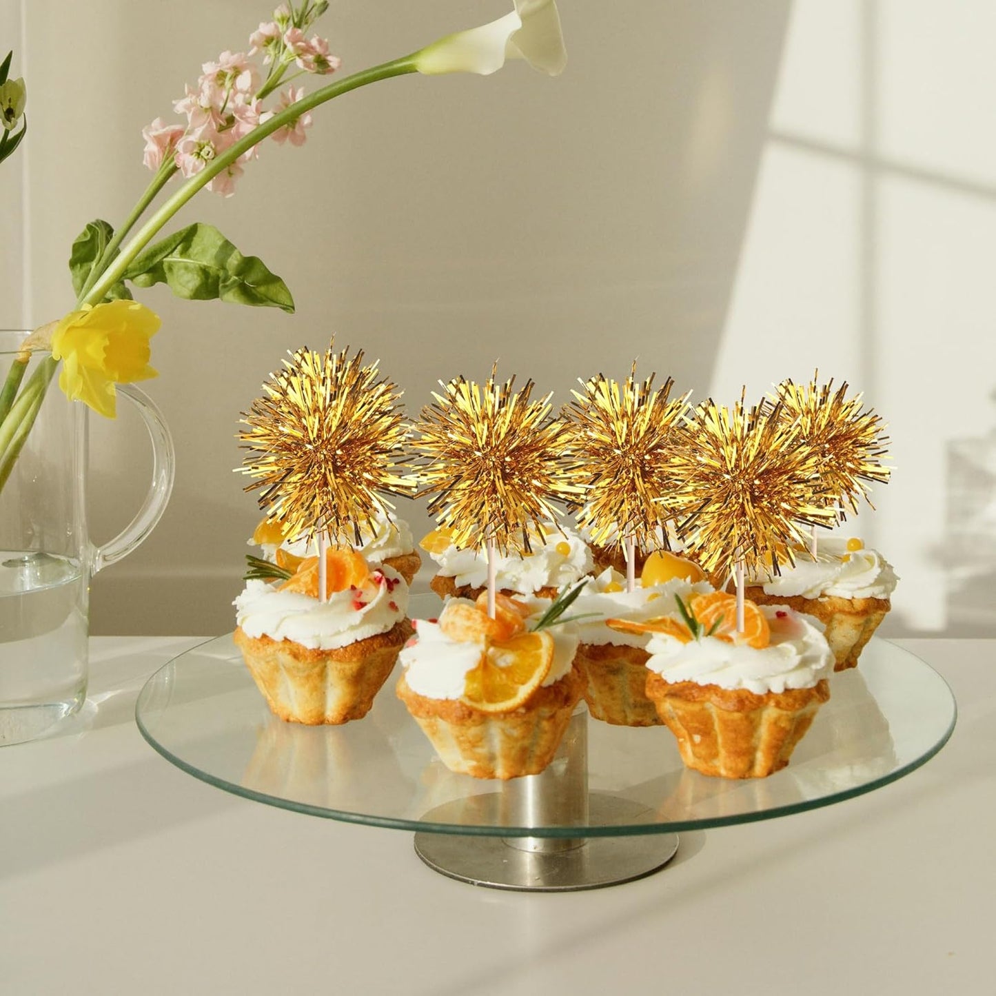 40 PCS Foil Firework Cupcake Toppers Fireworks Cupcake Picks Sparkle Tinsel Cake Decorations Cocktail Fruit Toothpick for Firework Theme Birthday Wedding Graduation Party Decorations Supplies Gold