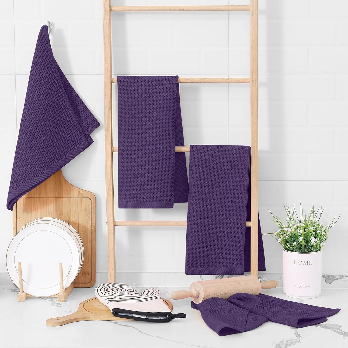 Homaxy 100% Cotton Waffle Weave Kitchen Dish Towels, Ultra Soft Absorbent Quick Drying Cleaning Towel, 13 x 28 Inches, 4-Pack, Eggplant
