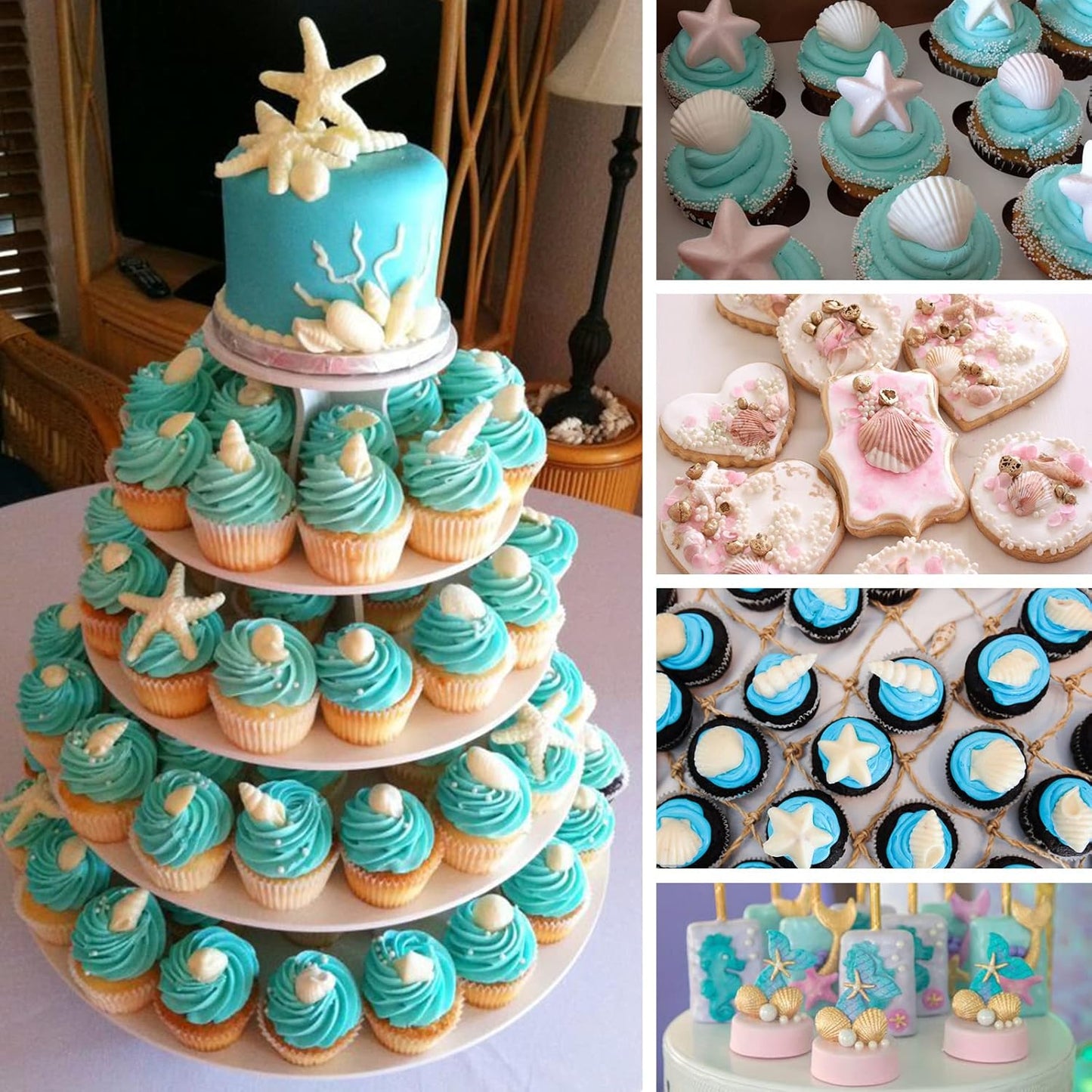 Sakolla Marine Theme Fondant Molds, 4 PCS Seashell Conch Starfish Baking Silicone Molds for Cake Decoration Chocolate Soap Crafting