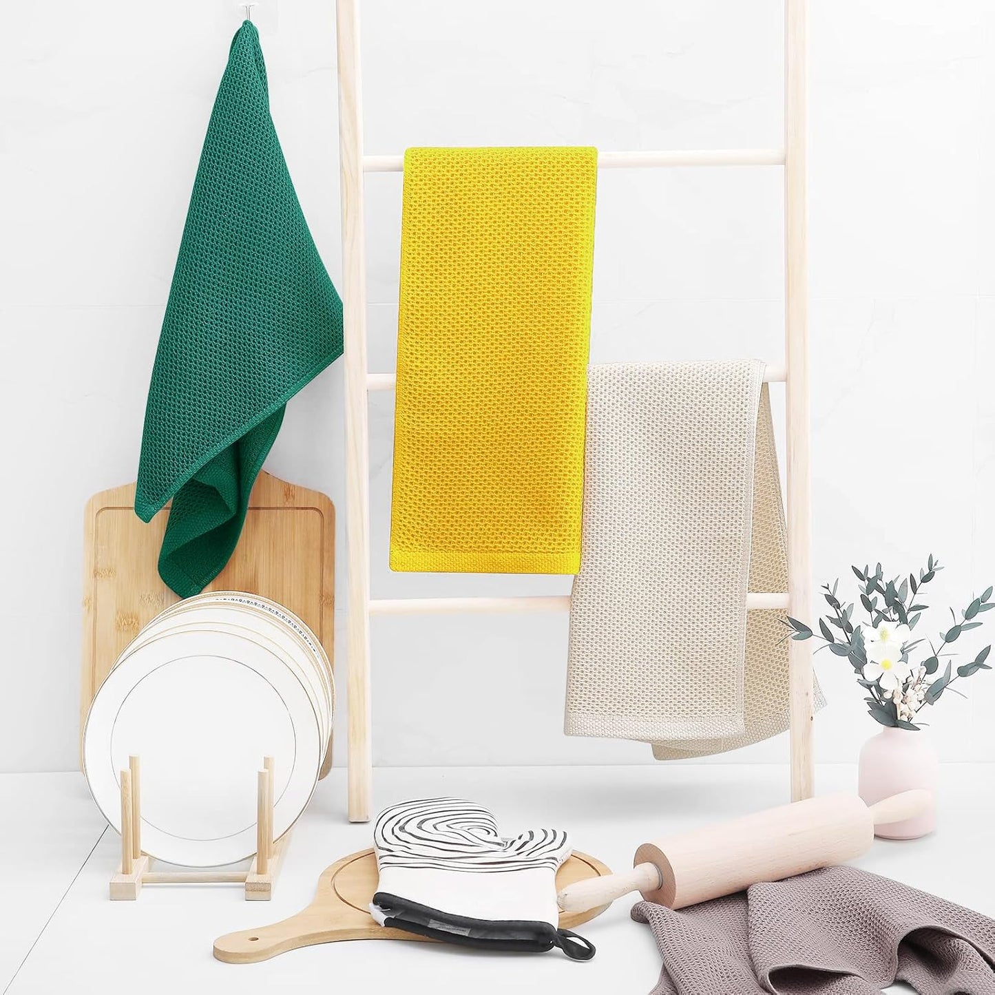 Homaxy 100% Cotton Waffle Weave Kitchen Dish Towels, Ultra Soft Absorbent Quick Drying Cleaning Towel, 13 x 28 Inches, 4-Pack, Dark Green