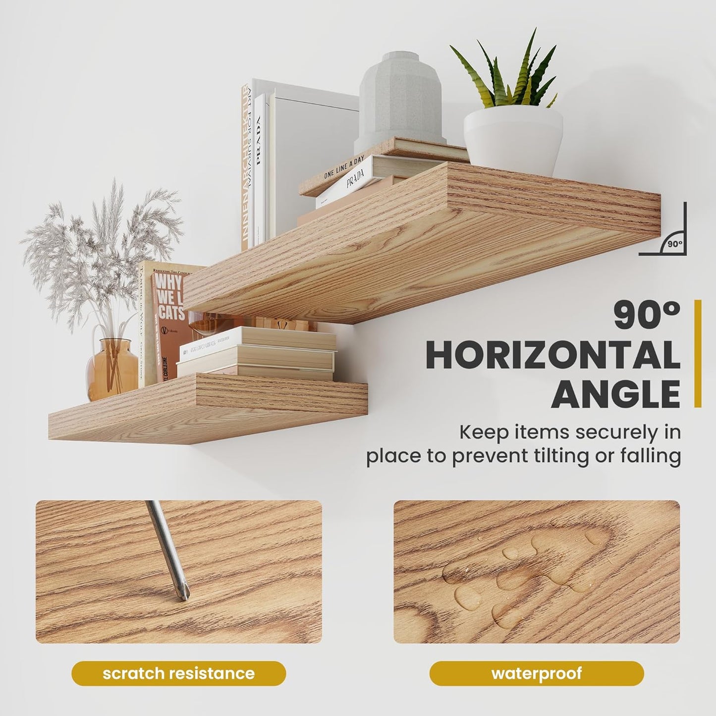 24 Inch Floating Shelves, 9.3" Deep Floating Shelf Wall Mounted, 24" Wall Shelves, Rustic Deep Bookshelf, Large Display Shelves & Storage Shelves for Bedroom, Living Room, Light Brown, Set of 2