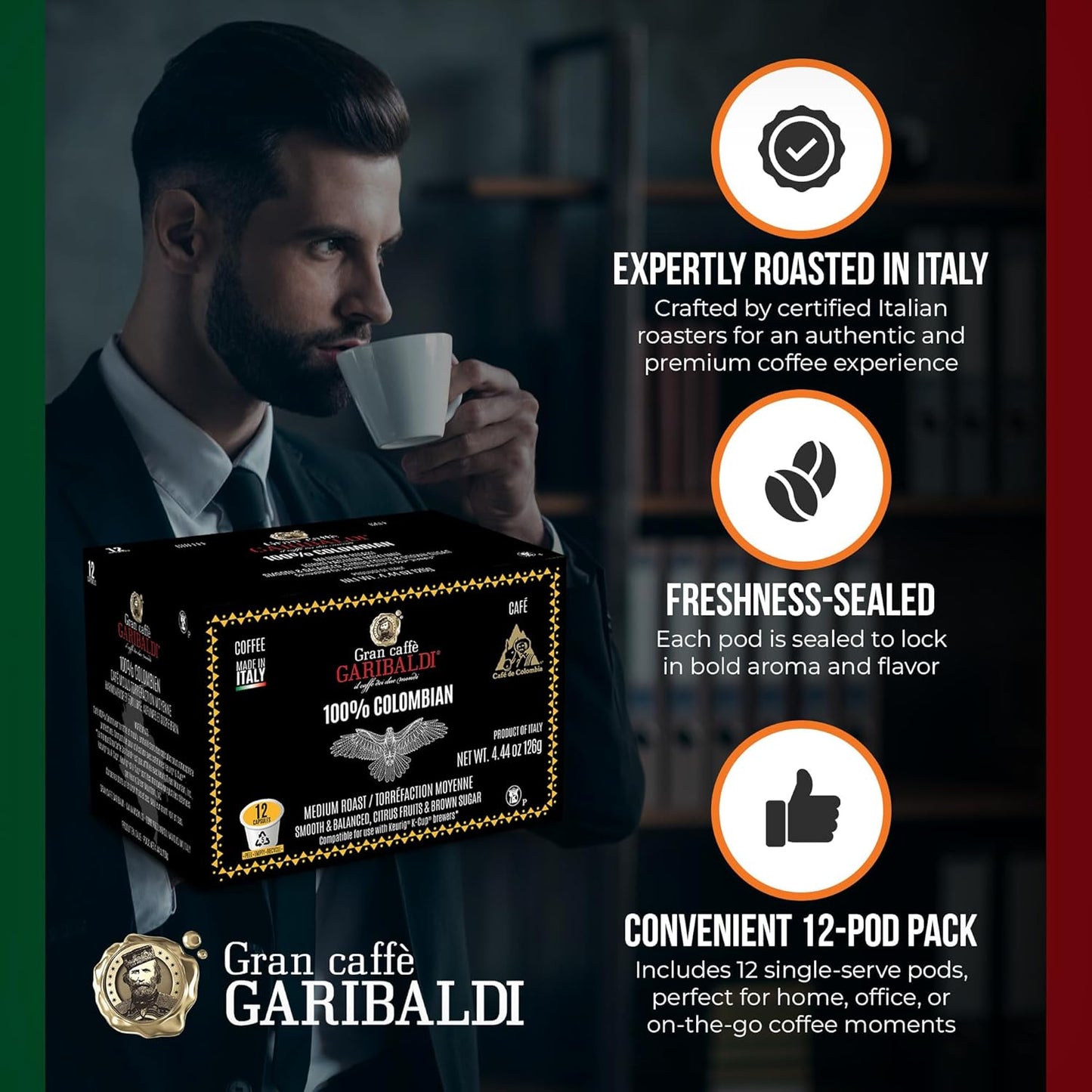 Caffè Garibaldi French Roast Coffee Pods, Single-Serve Capsules for Keurig K-Cup Brewers, Single Serve Cups, 100% Arabica Blend for Coffee Makers, 12 Count Recyclable Pods - Dark Roast