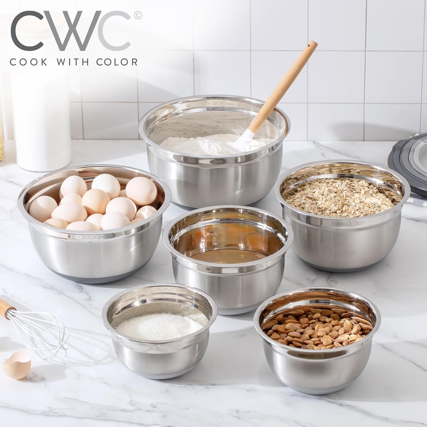 COOK WITH COLOR Stainless Steel Mixing Bowls Set with Lids - Nesting Bowls with Non-Slip Bottom, Grey, 12 Pieces