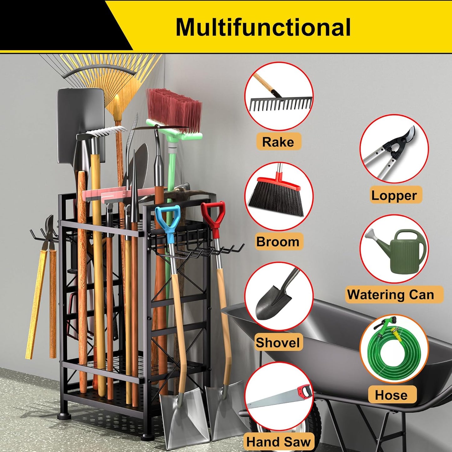 GIOTORENT 3 Tier Metal Garden Tool Organizer - Heavy Duty Yard Storage for Up to 78 Tools, Indoor/Outdoor Garage Patio Shed Organization - Black