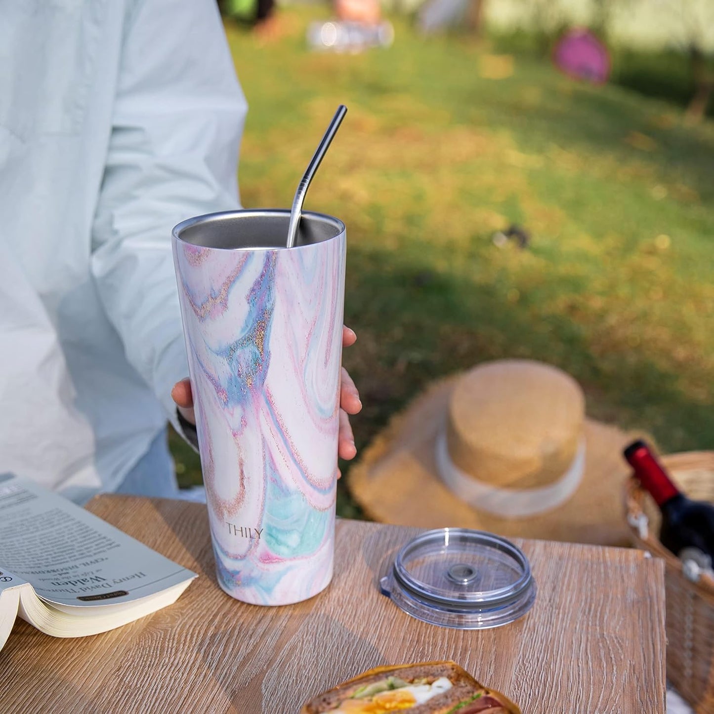 THILY Tumbler Stainless Steel Coffee Cup 26 oz Triple-Insulated Travel Mug with Splash-Proof Lid, for Ice Drinks and Hot Beverage Smoothies Cup, Pink Ripple