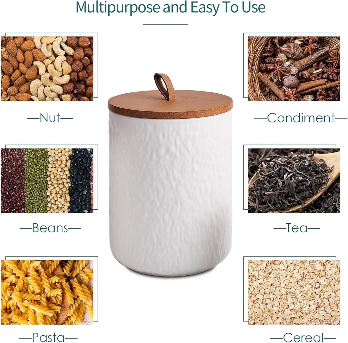 JOJUNO White Ceramic Canister Set with Wooden Lid, 3-Piece Airtight Food Storage Jars for Kitchen Counter - Flour, Sugar, Coffee, Tea, Spice - Small, Medium, Large Sizes - Stone Texture