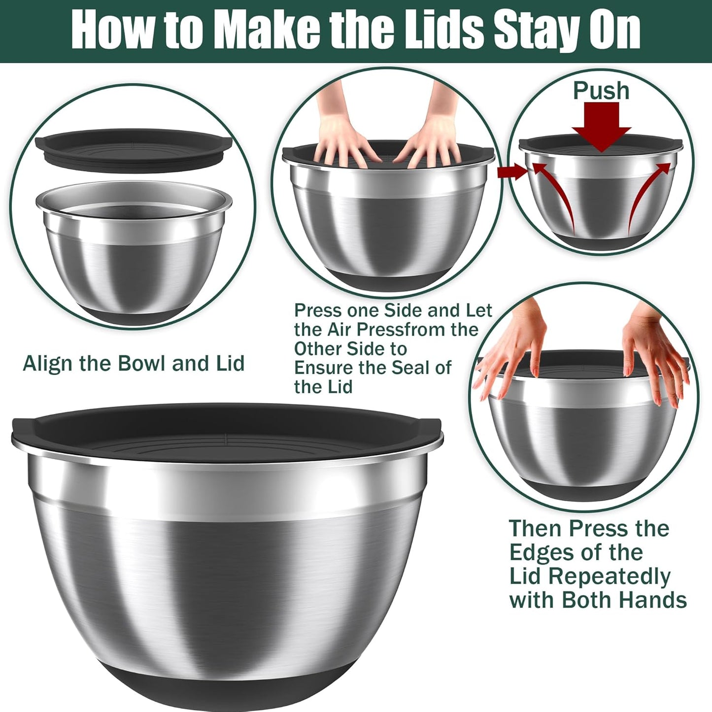 Mixing Bowls with Airtight Lids Set, 4 Stainless Steel Bowls Nesting Bowls & Colander, Kitchen Organizers and Storage Non-Slip Bottom, Size 1.5/2.0/2.5/4.5QT, Great for Mixing & Serving, Black