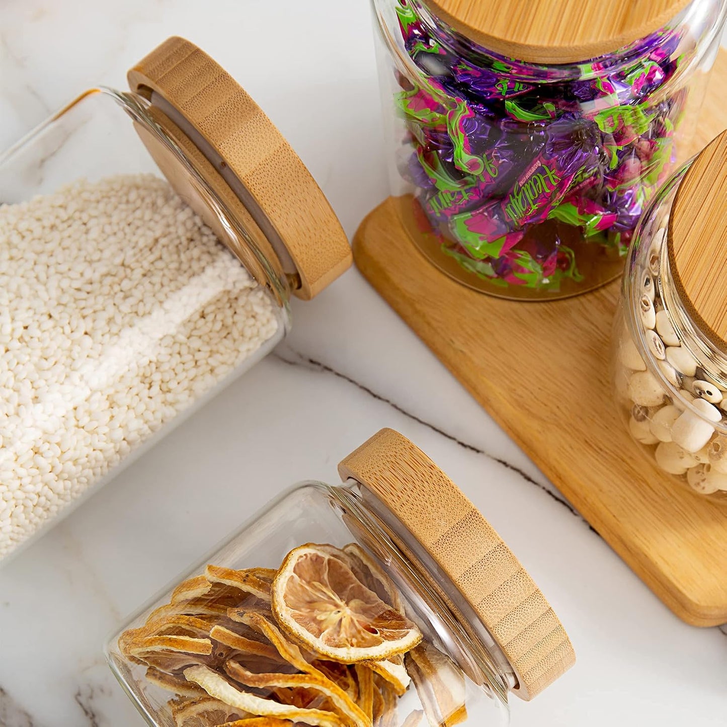 480 ml / 16 oz clear cute glass storage canister holder with airtight bamboo lid, modern decorative small container jar for coffee, spice, candy, salt, cookie, condiment, pepper, sugar