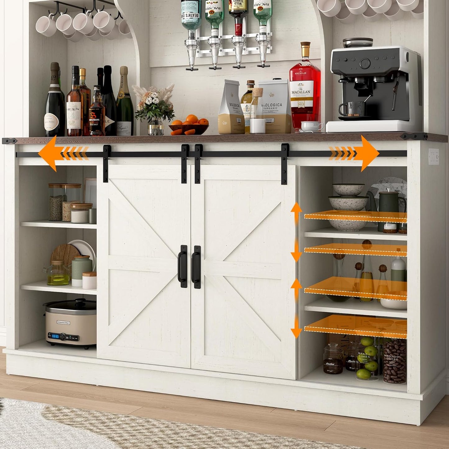 Farmhouse Coffee Bar Cabinet with Charging Station & Sliding Barn Doors - 63" W x 71" H Large Wine Rack, Built-in Liquor Dispenser, Glass/Mug Holders for Kitchen, Living Room, Hallway