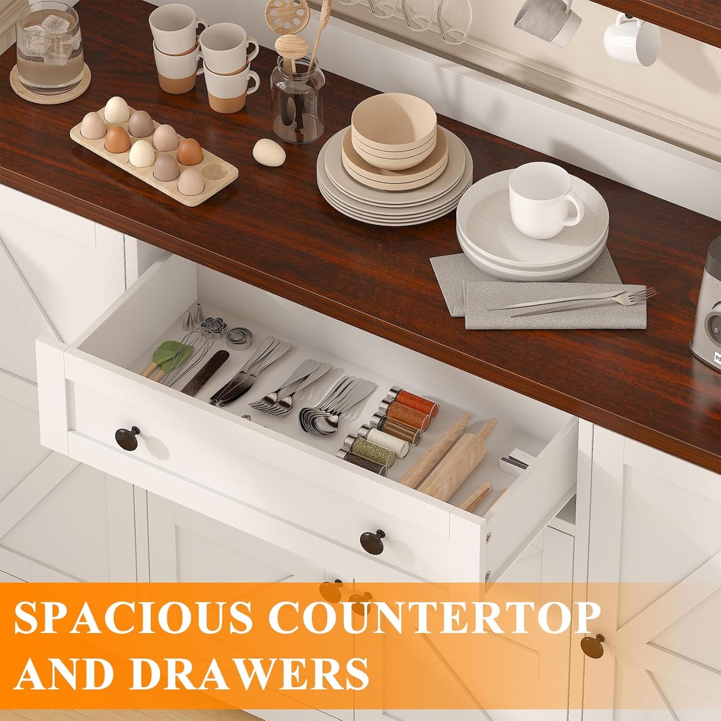 Hutch Storage Buffet Cabinet with Drawers, and Charging Station, Coffee Bar Cabinet with Barn Doors, Wine Rack and Hooks, White Wood Sideboard Buffet for Kitchen, Dining Room, 47.8" High