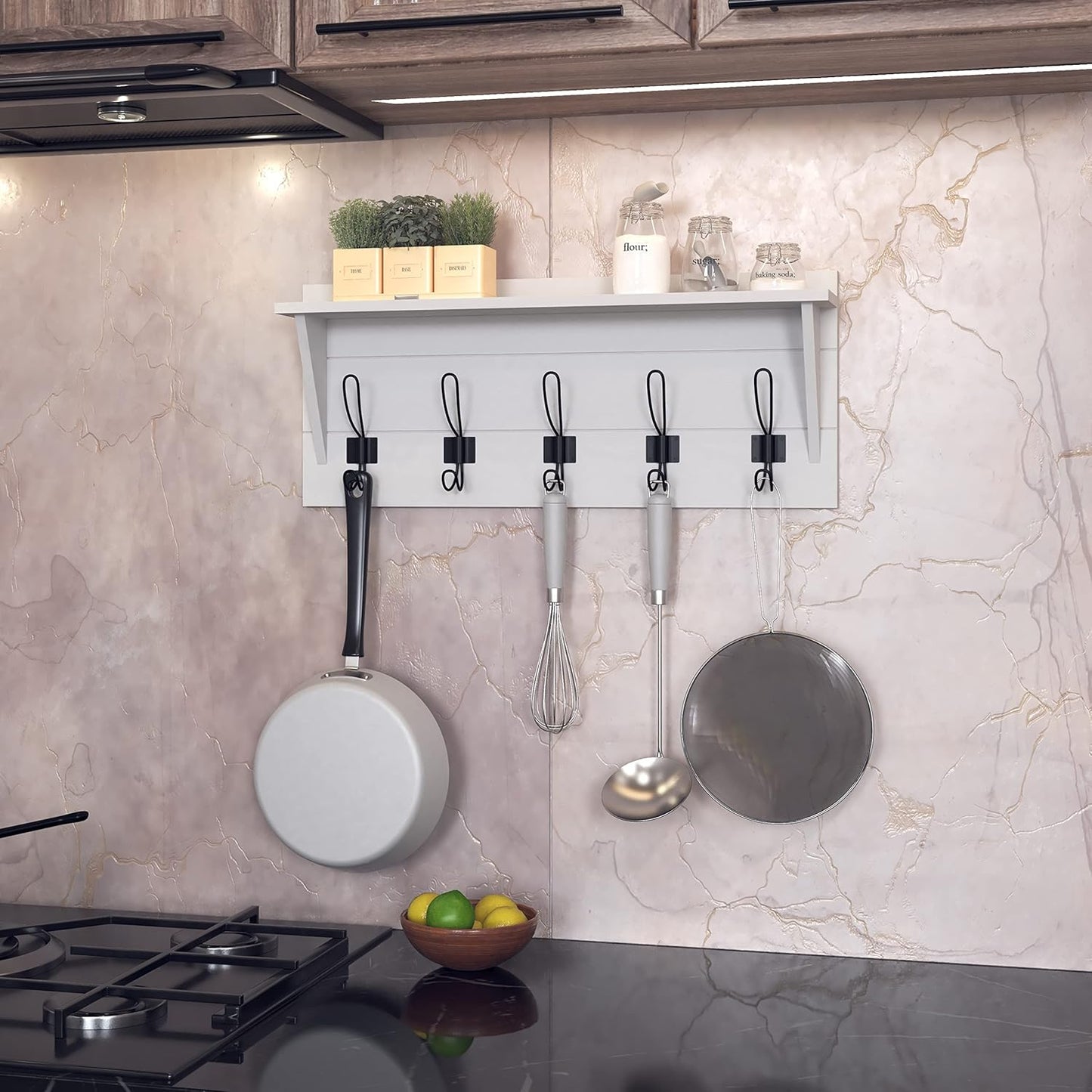 HBCY Creations 24" Wall Mounted Storage Rack - Pine Wood Construction - Solid White Finish - Upper Storage Shelf - 5 Hooks - Ideal for Entryway, Kitchen, Bathroom