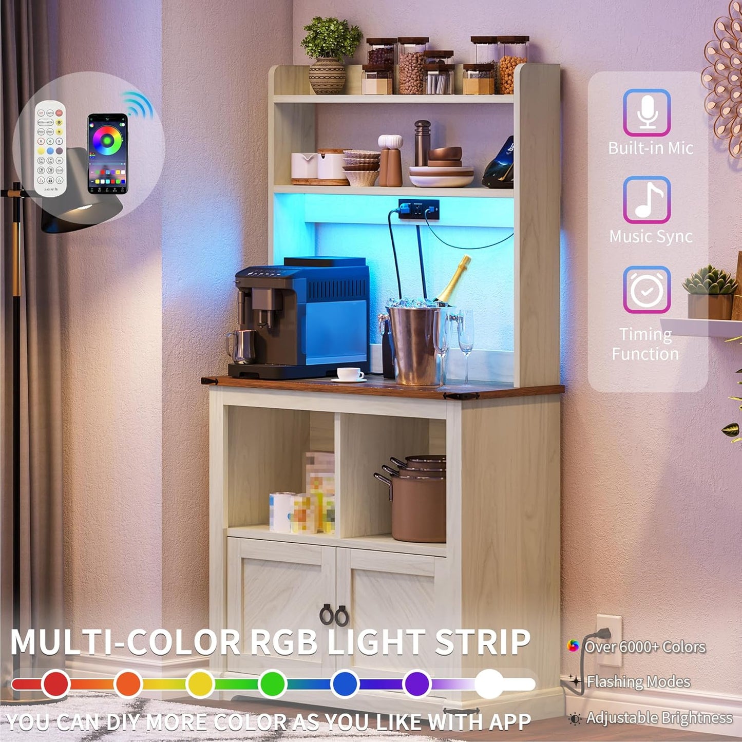 YITAHOME Bakers Rack Cabinet, Microwave Stand with Power Outlet & RGB LED Lights, Farmhouse Coffee Bar Station with Storage, 5-Tier Kitchen Pantry Hutch for Dining Living Room,White Walnut Grain