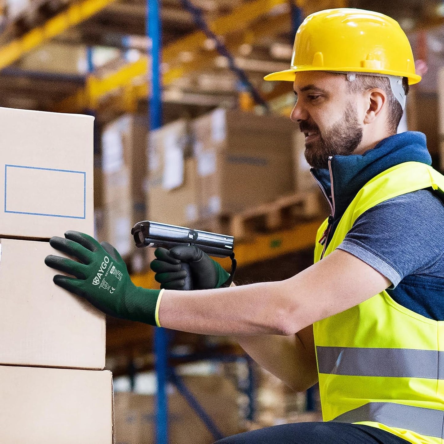 KAYGO Safety Work Gloves PU Coated,12 Pairs KG11PB Seamless Knit Glove for Men and Women, with Smooth Grip on Palm and Fingers, Ideal for General Duty Work (Large,Dark Green)